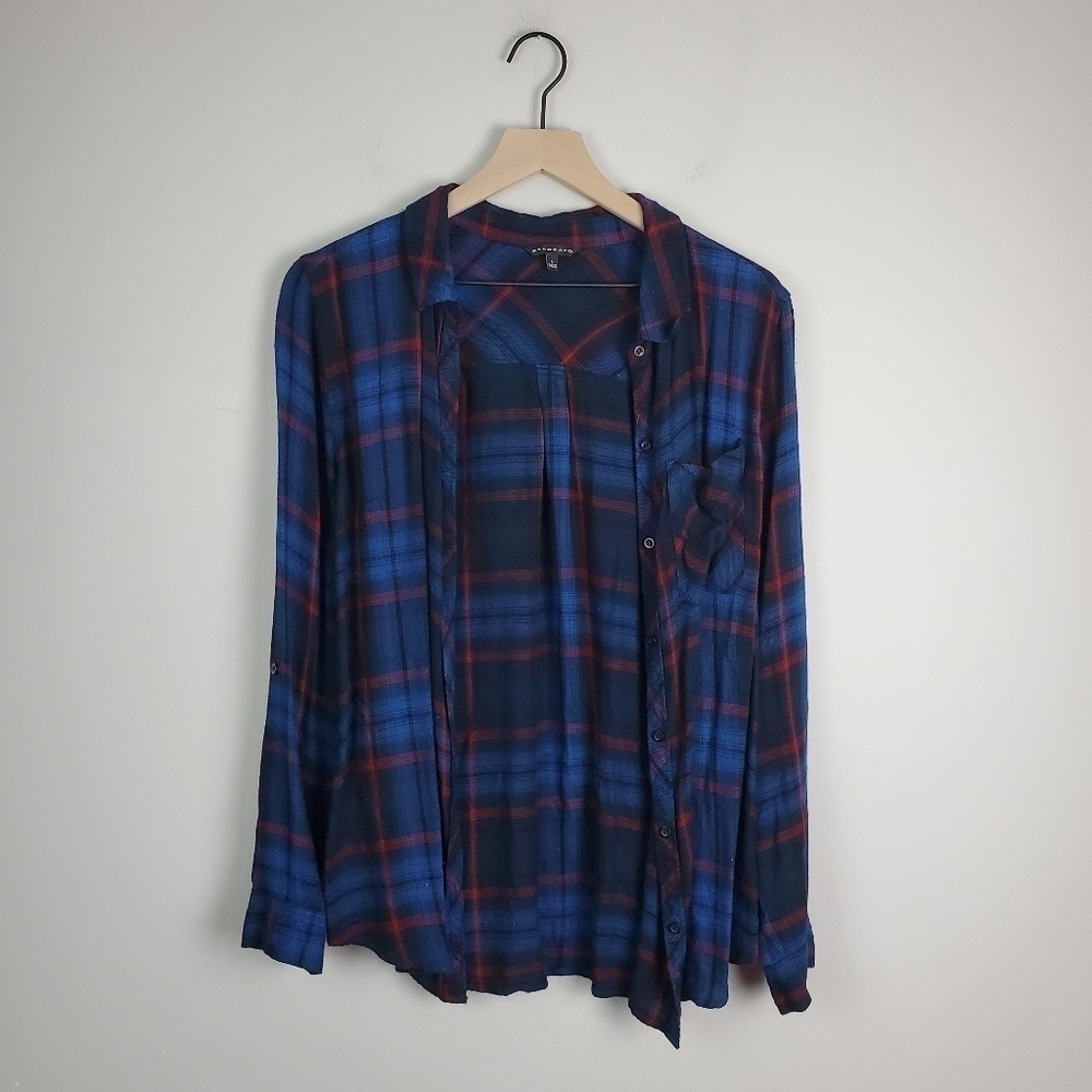 Staccato Blue Red Plaid Button Top Large